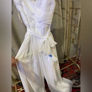 Mac Duggal White jumpsuit with bow tie